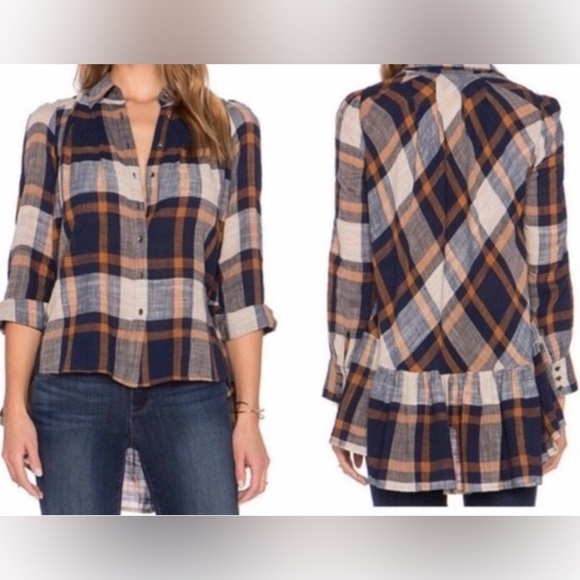 Free People | Preppy in Plaid Ruffled Button Down cute sexy top size M - Picture 2 of 14